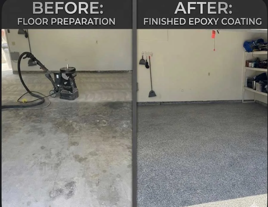 Before and after garage floor preparation and finished epoxy coating