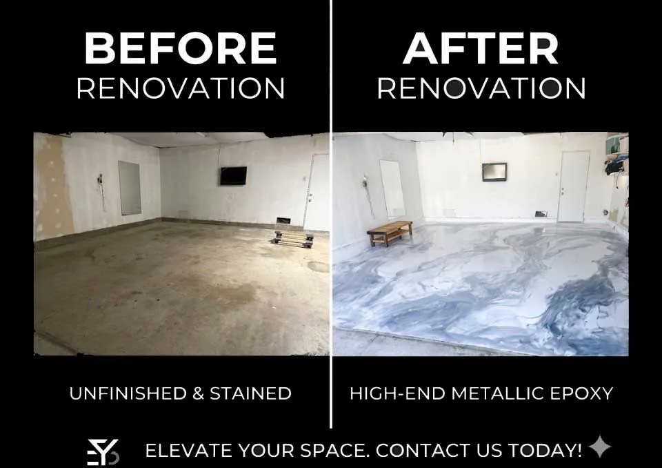 Before and after unfinished concrete and metallic epoxy floor