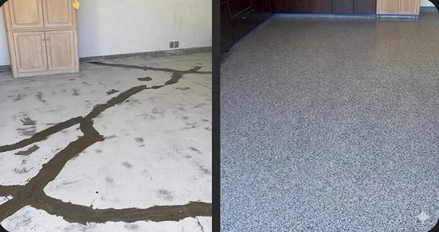Before and after repaired concrete floor with a flake finish