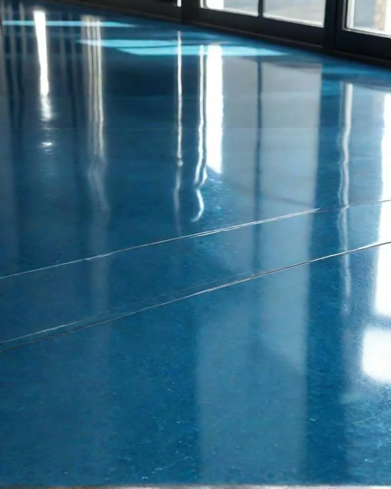 Glossy blue epoxy surface in a commercial interior