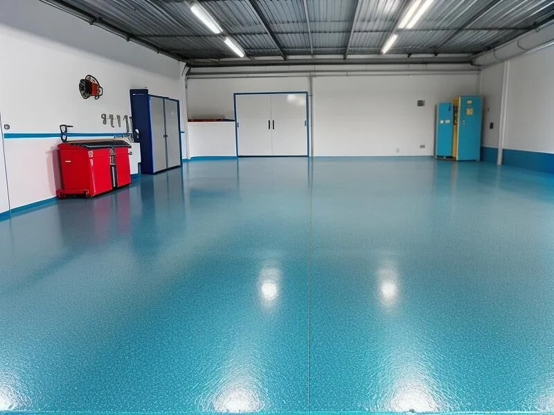 Large finished aqua epoxy garage floor